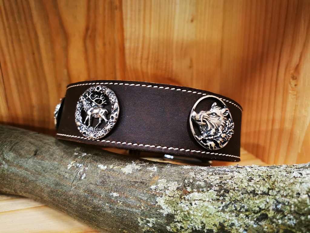 Lederhalsband handgefertigt, Hirsch, Wildschein