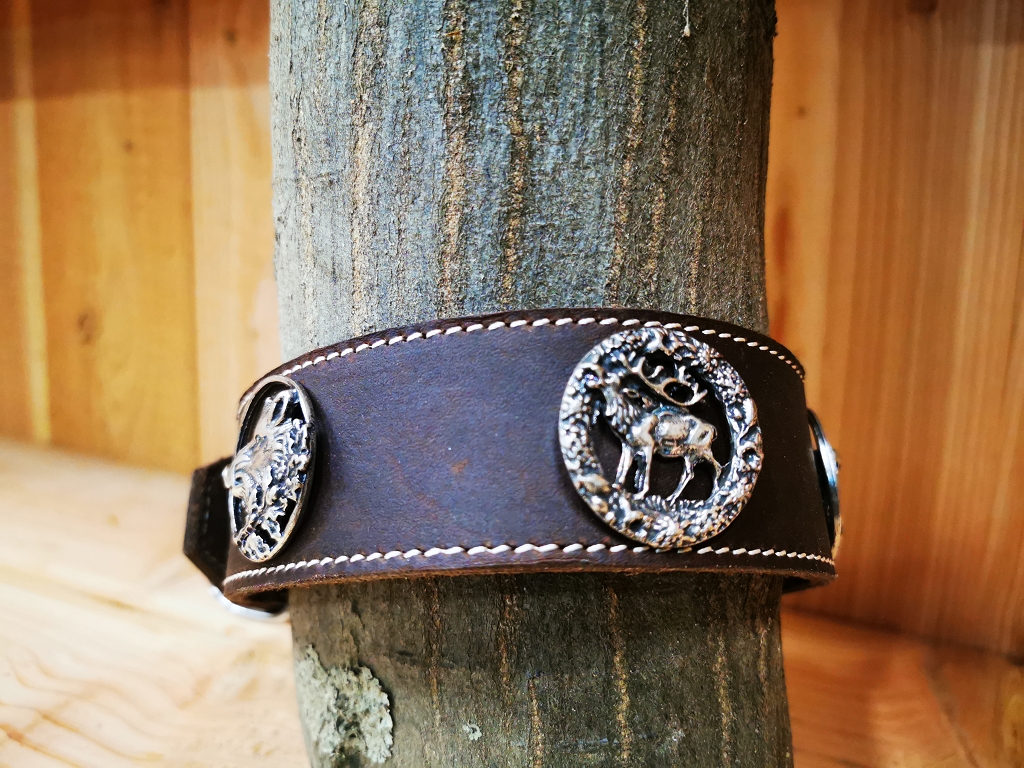 Lederhalsband handgefertigt, Hirsch, Wildschein